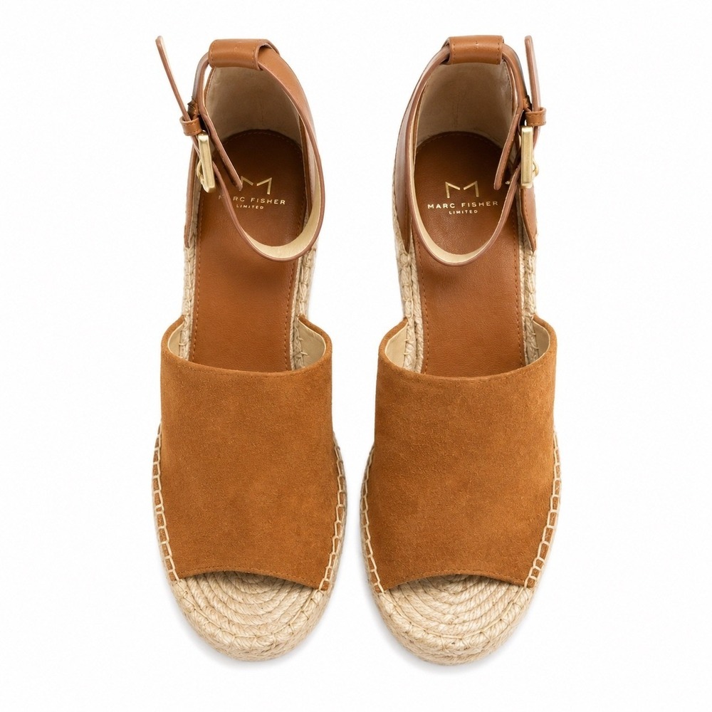 Marc Fisher Adalyn Espadrille Wedge Sandals Cognac Brown Suede Platform 10 - Picture 2 of 5